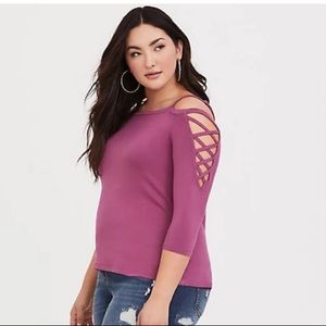 Torrid 3 Violet Lattice Shoulder Tee